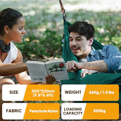 NATUREFUN Ultra-Light Travel Camping Hammock | 300kg Load Capacity,Breathable,Quick-Drying | 2 x Premium Carabiners,2 x Nylon Slings Included | Outdoor Indoor Garden - color: Dark Green, size: 300x200cm