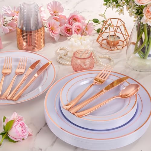 WELLIFE 150 PCS Rose Gold Disposable Dinnerware Set for 25 Guests, Valentine's Day Plate, 25 Dinner & Salad Plates, Cups, Forks Knives Spoons for Wedding Reception and Mothers Day Plates - color: Rose Gold, size: 25 Guests