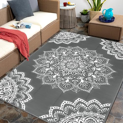 Yamaziot Waterproof Outdoor Rug 5x8 ft, Reversible Plastic Straw Rug for Patio Clearance, Camping, RV Mat, Large Outside Rug Carpet for Porch, Deck, Backyard, Balcony, Picnic (Grey) - color: Grey, size: 5' x8'