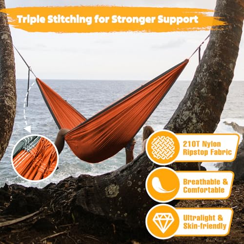 NATUREFUN Ultra-Light Travel Camping Hammock | 300kg Load Capacity,Breathable,Quick-Drying | 2 x Premium Carabiners,2 x Nylon Slings Included | Outdoor Indoor Garden - color: Orange/Grey, size: 275x140cm