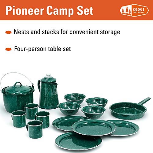 GSI Outdoors Camp Dinnerware Set I 4-Person Set Includes Pioneer Enamel Percolator, Frypan, Kettle, Bowls, Plates & Coffee Mugs - color: Green