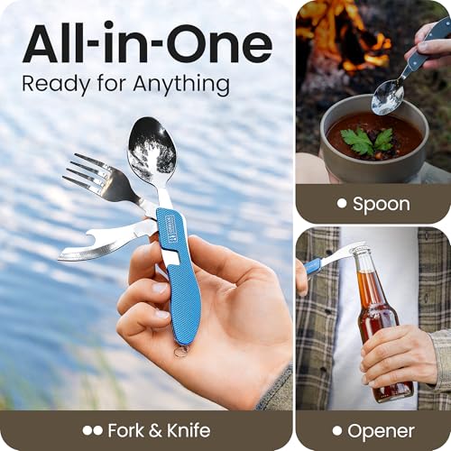 Orblue 4-in-1 Camping Utensils, 1-Pack, Portable Stainless Steel Spoon, Fork, Knife & Bottle Opener Combo Set - Travel, Backpacking Cutlery Multitool, Blue - color: 1-PACK Ultramarine Blue