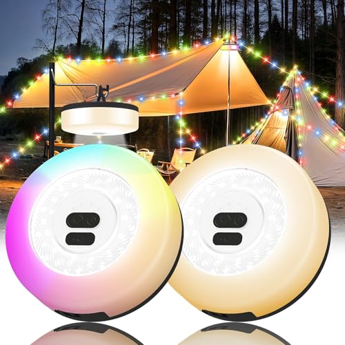 2Pack Camping String Lights, 4 in 1 Quick Storage Camping Essentials Gear 32.8FT Rechargeable Tent Lights with 9 Modes Warm +RGB Waterproof Camp Lamp for Hiking Patio Garden Festival Outdoor Decor - color: Warm & RGB-Black, size: 2PACK