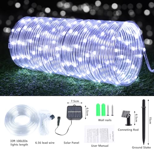 Solar Rope Lights, 33ft 100LED Solar String Lights, 8 Modes Waterproof Solar Powered Outdoor Light, Flexible Clear Tube Light for Garden, Backyard, Patio, Deck, Porch, Pool, Tree Decorative - White - color: White, size: 33ft