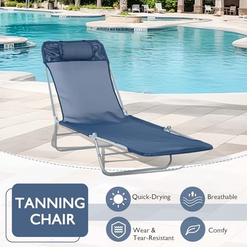Majnesvon Folding Chaise Lounge Pool Chair, Patio Sun Tanning Chair, Outdoor Lounge Chair with 6-Position Reclining Back, Breathable Mesh Seat, and Headrest for Beach, Yard, Patio(Blue1) - color: Blue1