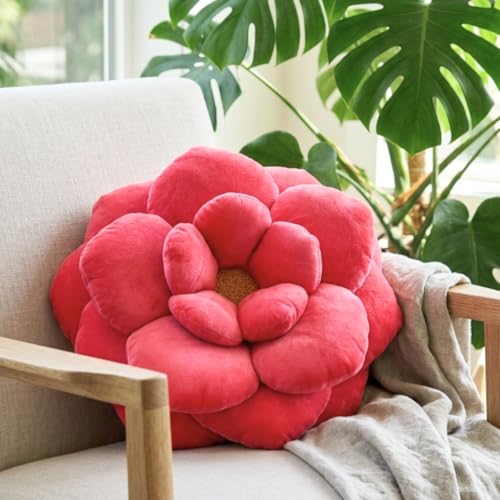 Green Philosophy Co. Camellia Plush Flower Pillow – Large Soft 3D Flower Shaped Throw Pillow, Neon Coral Decorative Pillow for Couch & Bed, for Plant Lovers - color: Neon Coral