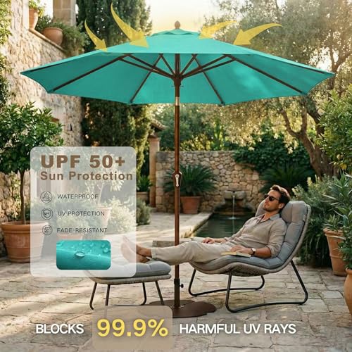 Kingdura 10FT Outdoor Patio Umbrella, Market Table Umbrella with Push Button Tilt and Crank, 8 Sturdy Fiberglass Ribs, UV Protection for Pool, Lawn, Deck, Backyard, Garden (Tiffany blue) - color: Tiffany blue, size: 10 FT