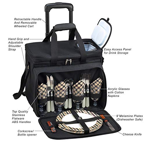 Picnic at Ascot Original Insulated Picnic Cooler with Service for 4 on Wheels-Designed & Assembled in the USA - color: London Plaid