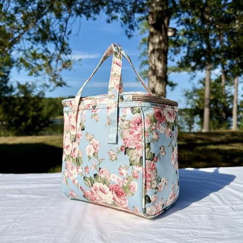 Kwang Min Floral Insulated Lunch Bag for Women,Reusable Lunch Box,Large Cooler for Office,Picnic Outdoors,Premium Waterproof Fabric,Unique Floral Lunch bag (Peony Blue) - color: Peony Blue
