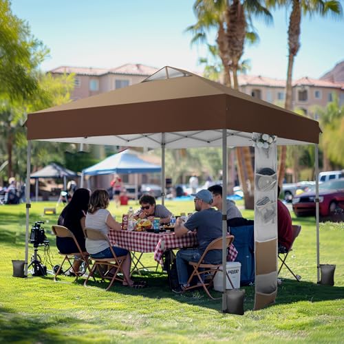 PHI VILLA 10x10ft 1-Person Setup Pop Up Canopy Tent Instant Portable Shelter w/ 1-Button Push, Case, 4 Weight Bags - Dark & Light Brown - color: Dark & Light Brown, size: 10×10 one push