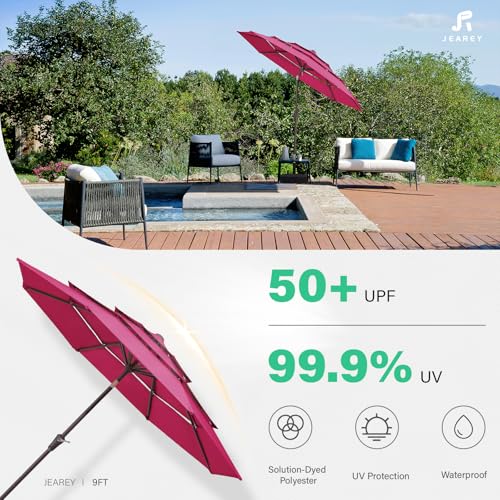 JEAREY 9FT 3 Tier Patio Umbrella Outdoor Market Umbrella Table Umbrellas with 8 Ribs 1.5 Pole Push Button Tilt and Crank UV Protection for Garden,Backyard,Pink - color: Pink