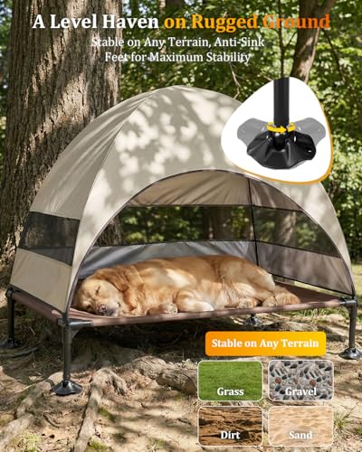 Elevated Outdoor Dog Bed with Canopy, Raised Dog Cot with Stable Adjustable Feet, Dog Camping Bed with Larger Shade, Lifted Dog Tent Bed with Canopy for Outside (Beige, Large) - color: Beige, size: Large