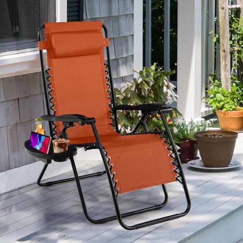 Goplus Zero Gravity Lounge Chairs, 160°Adjustable Folding Recliner w/Pillow and Cup Holder, 350LBS Comfy Outdoor Lounge Chairs for Patio, Lawn, Yard & Camp(1, Orange) - color: Orange, size: 35.4" x 25.2" x 43.3" (Set of 1)