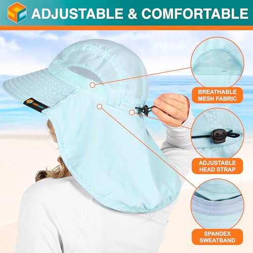 SUN CUBE Wide Brim Sun Hat with Neck Flap, UPF50+ Hiking Safari Fishing Hat for Men Women, Sun Protection Beach Hat - color: Light Blue
