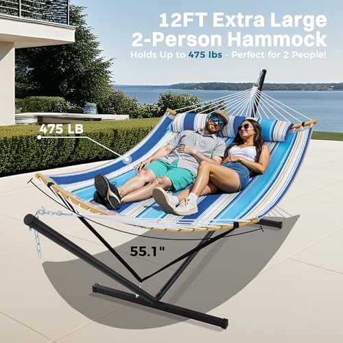 SUPERJARE Curved-Bar Hammock with Stand, 2 Person Heavy Duty Hammock Frame, Detachable Pillow & Portable Carrying Bag, Perfect for Outdoor & Indoor, Holiday Voyage Stripe - color: Holiday Voyage Stripe