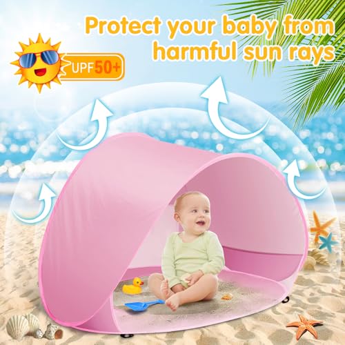 Baby Beach Tent with Pool, Pop Up Sun Shelter UPF 50+ UV Protection for Infant Toddlers, Portable Shade Tent with Carry Bag for Beach Outdoor Travel - color: Pink