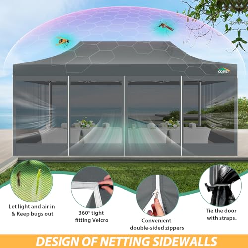 COBIZI 10x20 Canopy Tent with 6 Sidewalls,Heavy Duty Pop up Canopy with Mosquito Netting,Easy up Screen Tent for Parties Wedding Outdoor Patio with Roller Bag,Gray - color: Gray, size: 10x20ft(standard)