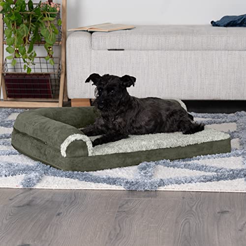 Furhaven Cooling Gel Dog Bed for Medium/Small Dogs w/ Removable Bolsters & Washable Cover, For Dogs Up to 35 lbs - Two-Tone Plush Faux Fur & Suede L Shaped Chaise - Dark Sage, Medium - color: (Two-Tone Faux Fur & Suede) Dark Sage, size: Medium