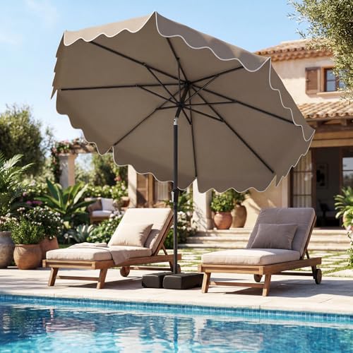 Tangkula 9 FT Patio Umbrella with Base Included, 2-Tiers Outdoor Scalloped Table Umbrella with 2 Sandbags, Tilt Adjustment, Crank, 8 Ribs for Market Backyard Pool Deck Beach Lawn - color: Tan, size: 9 FT