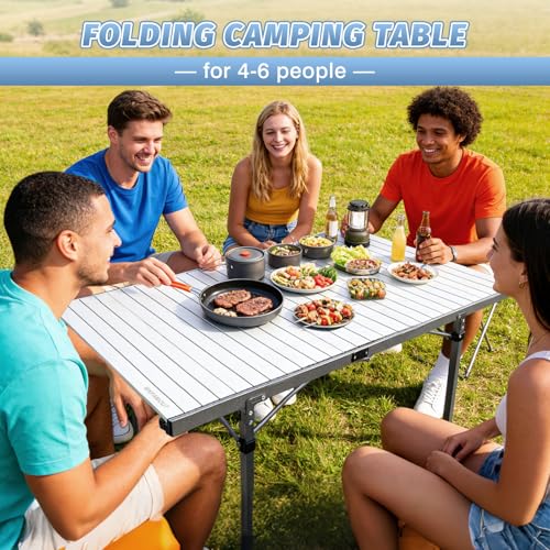 29.9" Tall Folding Camping Table for 2-6 Person, 54.7" Large Aluminum Foldable Roll-up Table Outdoor with Carry Bag for Picnic, Camp, Sturdy, Backyard, Patio - color: Silver