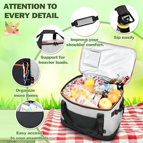 Tirrinia Large Cooler Bag Insulated, 48 Cans Leakproof Soft Camping Coolers, Portable Beach Cooler with Shoulder Strap for Picnic, Beach, Travel Road Trip - color: Gray Black