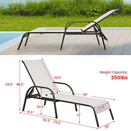 Giantex Patio Lounge Chair, Outdoor Chaise Lounge with 5 Adjustable Backrest, Sturdy Steel Frame, Sunbathing Recliner, Beach Chair, Tanning Chair for Outside, Yard, Balcony, Pool Chairs, Grey - color: Grey