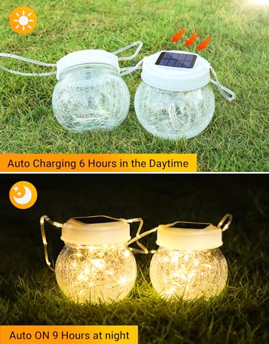 Solar Lantern Solar Lights Outdoor Waterproof 6-Pack, Solar Powered Hanging Lights Cracked Glass Hanging Globes for Christmas Decoration, Shepherd Hook, Garden Tree Ornaments, White Cap, Warm White - color: White Cap Warm White Light, size: 6 Pack