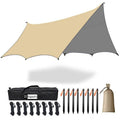 16x16 ft Large Camping Tarp Waterproof Hammock Rain Fly Camping Awning Sun Shelter Khaki (Without Pole) (Khaki) - color: Khaki