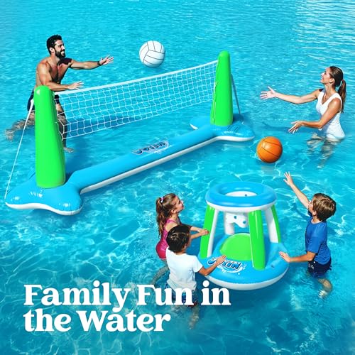 JOYIN Inflatable Volleyball Net & Basketball Hoops Pool Float Set; Balls Included for Kids and Adults, Summer Pool Game, Floaties, Volleyball Court (105”x28”x38”) Basketball (27.6”x23”),Green,Blue - color: Green Blue, size: Large
