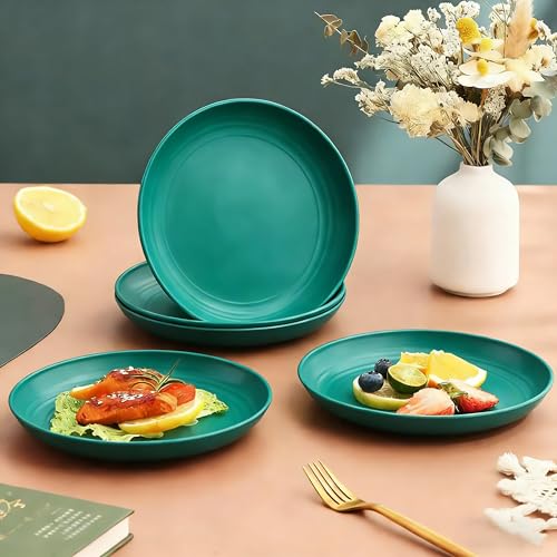 Unbreakable Reusable Plates Set of 4, 7.9 Inch Wheat Straw Plates, Microwave Safe BPA Free Dinnerware for Dessert, Salad & Daily Use - color: Dark Green