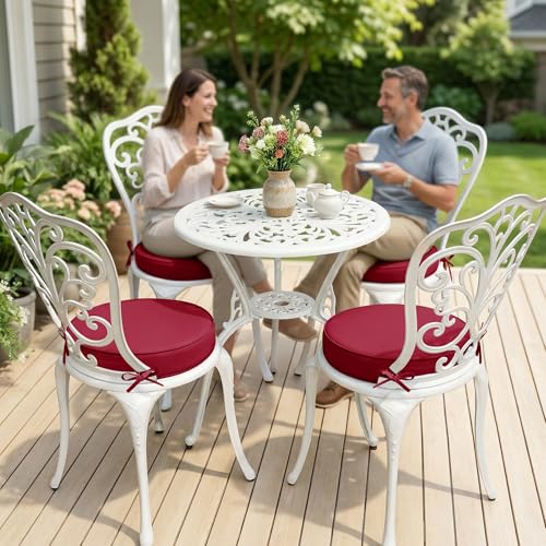 Summsun Outdoor Bistro Chair Cushions Set of 4, 15" D x 3" H Round Chair Cushions Waterproof and Fade Resistant Chair Cushion Pads with Non-Slip Ties and Removable Covers for Garden, Burgundy - color: Red, size: 15x3 Inch (Round)-4p