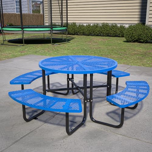 46-inch Blue Round Outdoor Picnic Table with Umbrella Hole Heavy Duty Coated Steel Metal Patio Dining Set for Garden, Courtyard, BBQ & Commercial Use - color: Blue-round