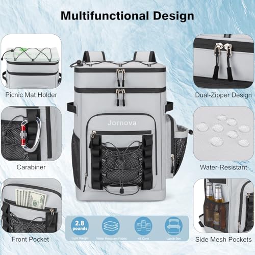 Insulated Cooler Backpack, 40L Leakproof Backpack with Double Compartments for Men & Women, Large Lunch Cooler for Camping, Beach, Travel, Picnic, Up to 48 Cans - color: Gray