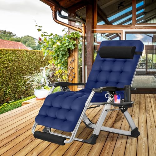 ABORON Oversized Zero Gravity Chair,29In XL Premium Outdoor Lawn Folding Lounge Chairs,Sturdy Adjustable Reclining Patio Chairs with Removable Cushion,Headrest & Tray - color: Upgrade Sea Blue
