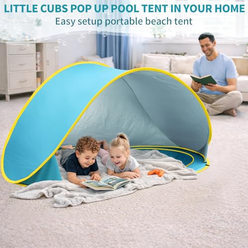 2-IN-1 Baby Beach Tent with 2 Pool for 2 kids,74.8*41.7*35.4 inch UV Protection Sun Shelter Pop Up Play Canopy, Easy setup portable tent for Beach,Camping,Picnic,Poolside,Indoor