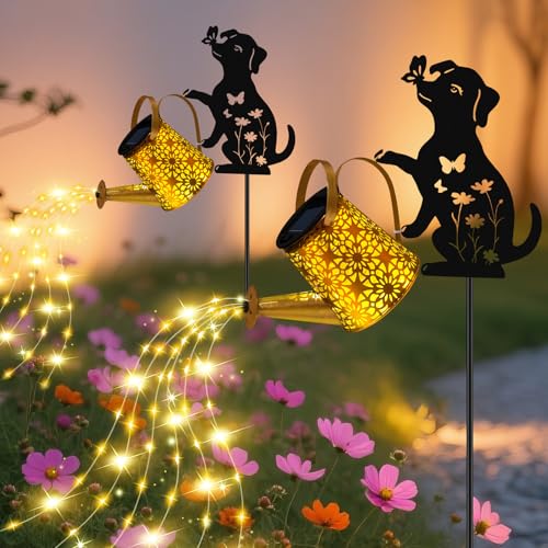 Solar Lights Outdoor Decorative, Watering Can with Cascading Lights, with Dog Silhouette Garden Stakes, Waterproof Metal Garden Decor Mom Christmas Gifts 2 Pack - color: Dog 2 Pack