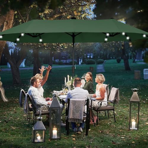 13Ft Large Patio Umbrella with Base Outdoor Double-Sided Market Extra Large Table Umbrella With Solar Lights Easy Crank for Yard, Poolside, Deck-Green - color: Green, size: 13FT Umbrella+Light+Base