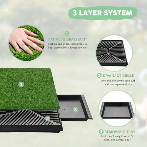 Dog Grass Pad With Tray, 25" x 20" Potty for Puppy Training, Reusable Artificial Pee Pad, Indoor/Outdoor Pet Toilet Loo, 3-Layer System - size: M 25x20x2.4IN-1 Grass Pad