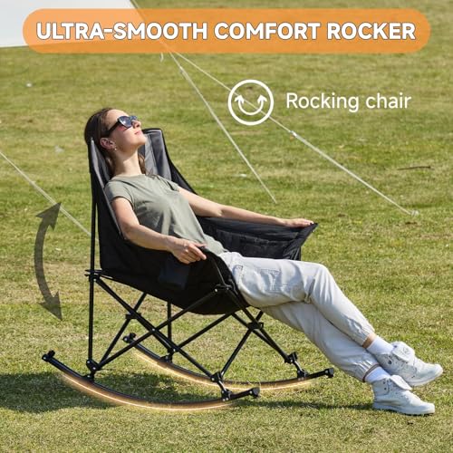 Youtanic Oversized Folding Rocking Camping Chair, Padded Portable Rocking Chair with Pockets, Cup Holder and Carry Bag, Heavy Duty Outdoor Rocker Patio Chair for Garden, Lawn, Yard, Up to 400lbs, Gray - color: Gray-black