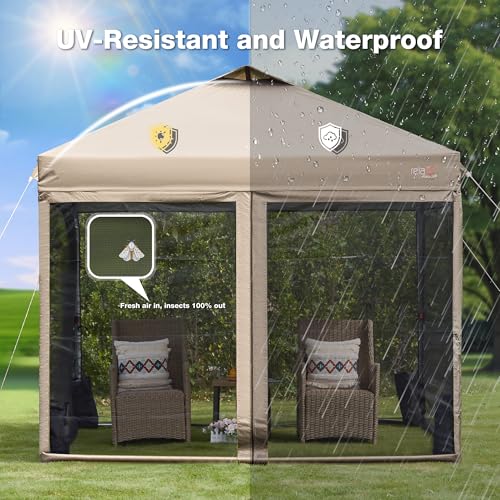 10x10 Pop Up Canopy Tent with Mosquito Netting, Outdoor Portable Screen Tent for Yard, Party, Camping and Picnic, 3 Height Positions, Patio Gazebo with Roller Bag and 4 Sandbags, Khaki - color: Khaki