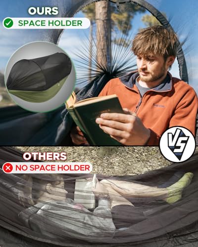 Sunyear Camping Hammock with Net - Double&Single Hammock with House-Like Net- Easy Setup & Pack, Lightweight & Portable, Perfect for Hiking, Backpacking, Outdoor Sleeping - color: Usa Black Bundle, size: 106"L x 55"W
