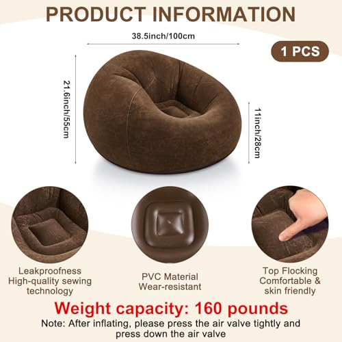 Realspring Inflatable Bean Bag Chairs for Adult Blow up Chairs Lazy Sofa Folding Portable Inflatable Chair for Movie Outdoor Room Bedroom Reading Camping (Brown) - color: Brown