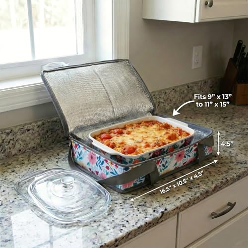 Insulated Casserole Carrier Fits Pioneer Woman Kitchen Stuff & 9x13 Baking Dish, Leakproof Lasagna Lugger Tote, Thermal Food Warmer Bag for Potluck, Picnic, Travel - Vintage Floral & Mom Gifts - color: Floral#4