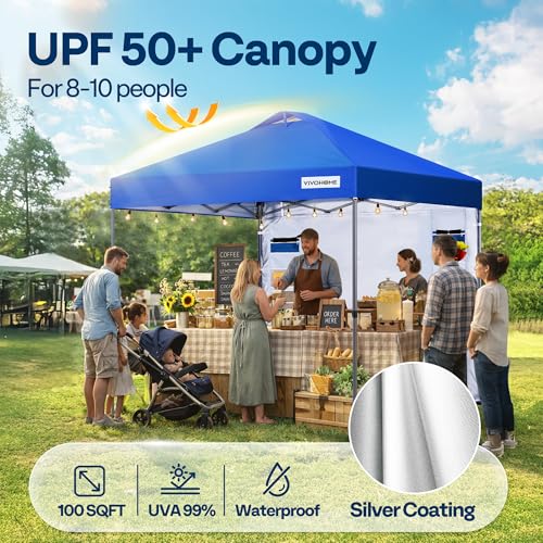 VIVOHOME 10x10ft Pop Up Canopy Tent with Sidewall and 6 Pockets, One Push Setup Outdoor Portable Shelter Tent Heavy Duty with Wheel Carry Bag and 4 Sandbags, Blue - color: Blue