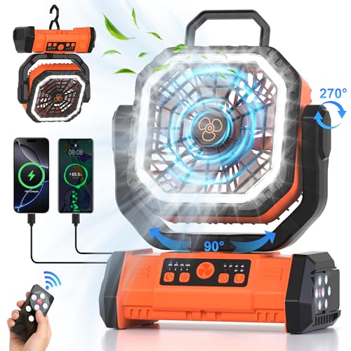 Honesorn Portable Rechargeable Fan 20000mAh, Camping Fan with LED Light & Remote, USB C Cordless Battery Powered, 4 Speeds Timer Hanging Hook for Travel Tent Outdoor Essentials - Orange - color: Orange