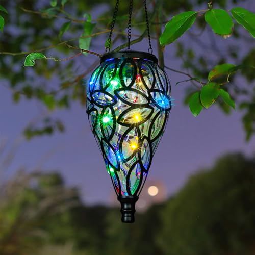 SUNNYPARK Outdoor Plastic Solar Hanging Lantern, 15 Multi Color LEDs Twinkle Effect Tear-Shaped Hanging Lantern Decor Garden Decorative Solar Lights for Backyard, Patio and Lawn - style: Multi-color