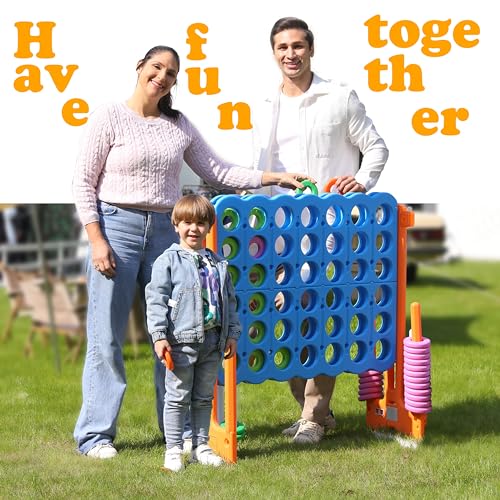 SDADI Height Adjustable Giant 4 in a Row Connect Game, 2-in-1 Jumbo 4-to-Score Game with Ring Toss Game Set, Indoor Outdoor Yard Game Party Game for Kids Adults and Family, Orange - color: Orange