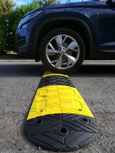 Pittman 34 ft XPT Eco Speed Bump Kit with Cable Channels, Heavy Duty Plastic-Rubber Reflective Black/Yellow Modular Traffic Hump for Asphalt, Concrete, Includes Mounting Hardware - 84 Bolts (755681) - size: 34'