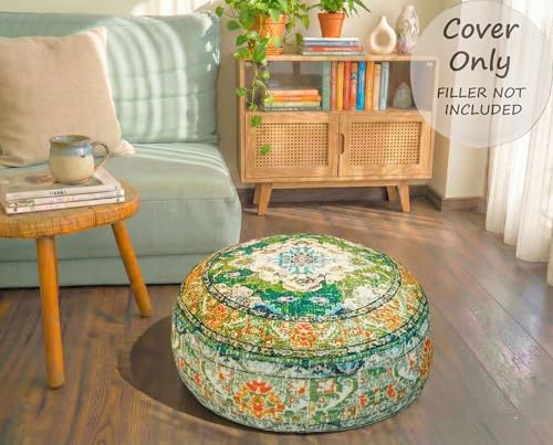 Indian Yoga Décor Pouf Cover Green Round Green Floor Pillow Case Room Décor Moroccan Décorative Cushion Perfect for Living Room, Bedroom, Nursary or Children Room Cotton 24x8 Unstuffed - color: Green