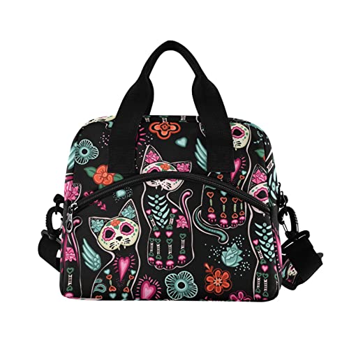 Death and Halloween Cats Insulated Lunch Bag Reusable Lunch Tote Bag Cooler Bag for Women Men Adult Lunch Box with Adjustable Shoulder Strap Leakproof Lunch Bag for Work School Picnic Camping - color: Death and Halloween Cats